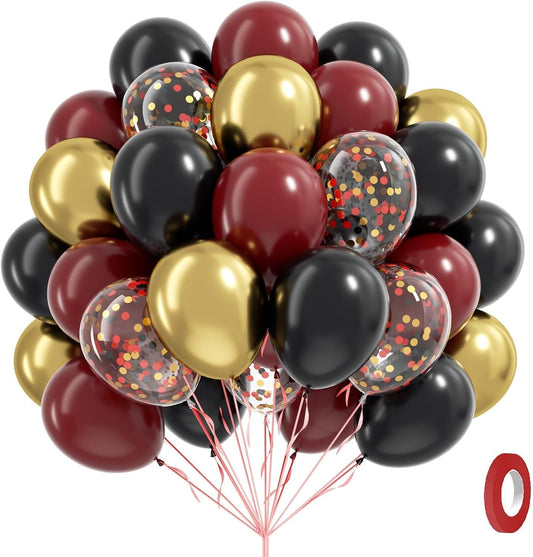 60pcs 12inch Black Burgundy and Gold Balloons, with Gold Red Black Confetti Balloons for Maroon Themed Birthday Baby Shower Graduation Party Decorations