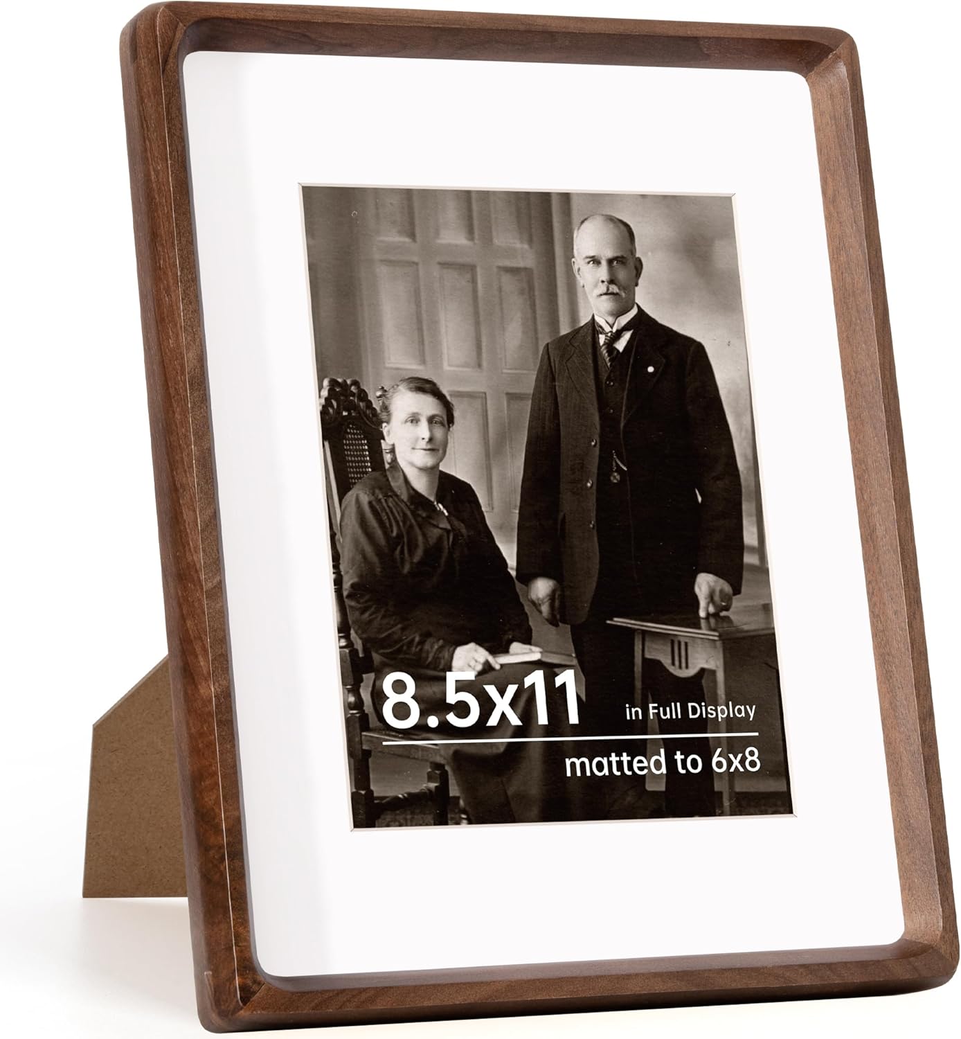 8.5x11 Picture Frame USA-Sourced Natural Walnut Wood Solid Original Wood Photo Frame Handcrafted Rounded Corner with Mat to 6x8 Picture Display with Real Glass Famil Photo, Certificate