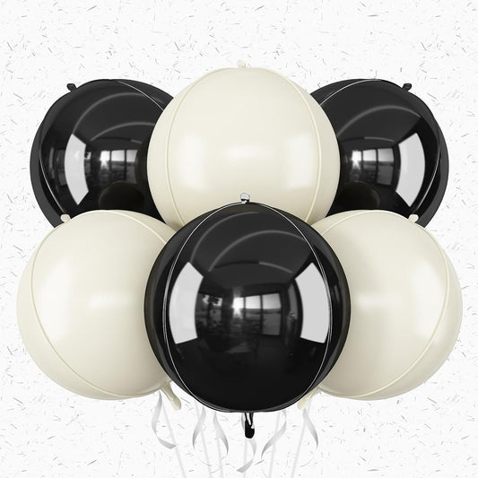 6Pcs Black Sand White Round Foil Balloons,Giant 4D Round Ball Balloon,22 Inch Balloons for Birthday Wedding Bridal Shower Bachelorette Party Decorations