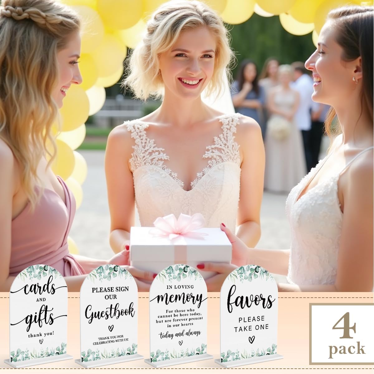 4 Pcs Acrylic Wedding Signs for Reception, Bridal Shower Decorations, Cards and Gifts Signs, Guest Book Sign, Arch Acrylic Table Top Sign with Holder for Wedding Reception (White Eucalyptus Leaves)