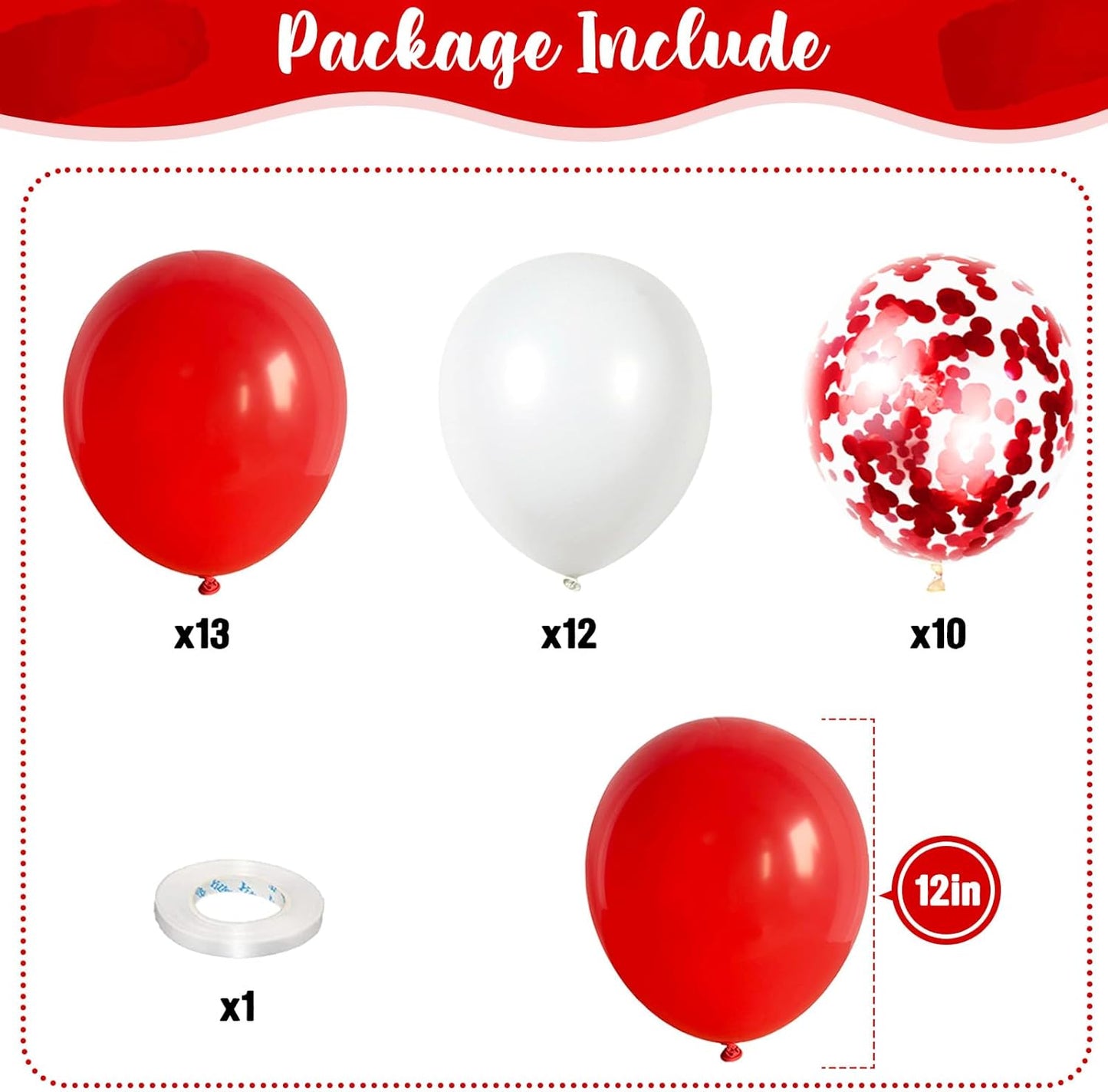 12 Inch Red White Confetti Latex Balloons Set, 35 Pack - Helium Party for Girls Women Birthday Wedding Christmas Valentine's Day Decoration