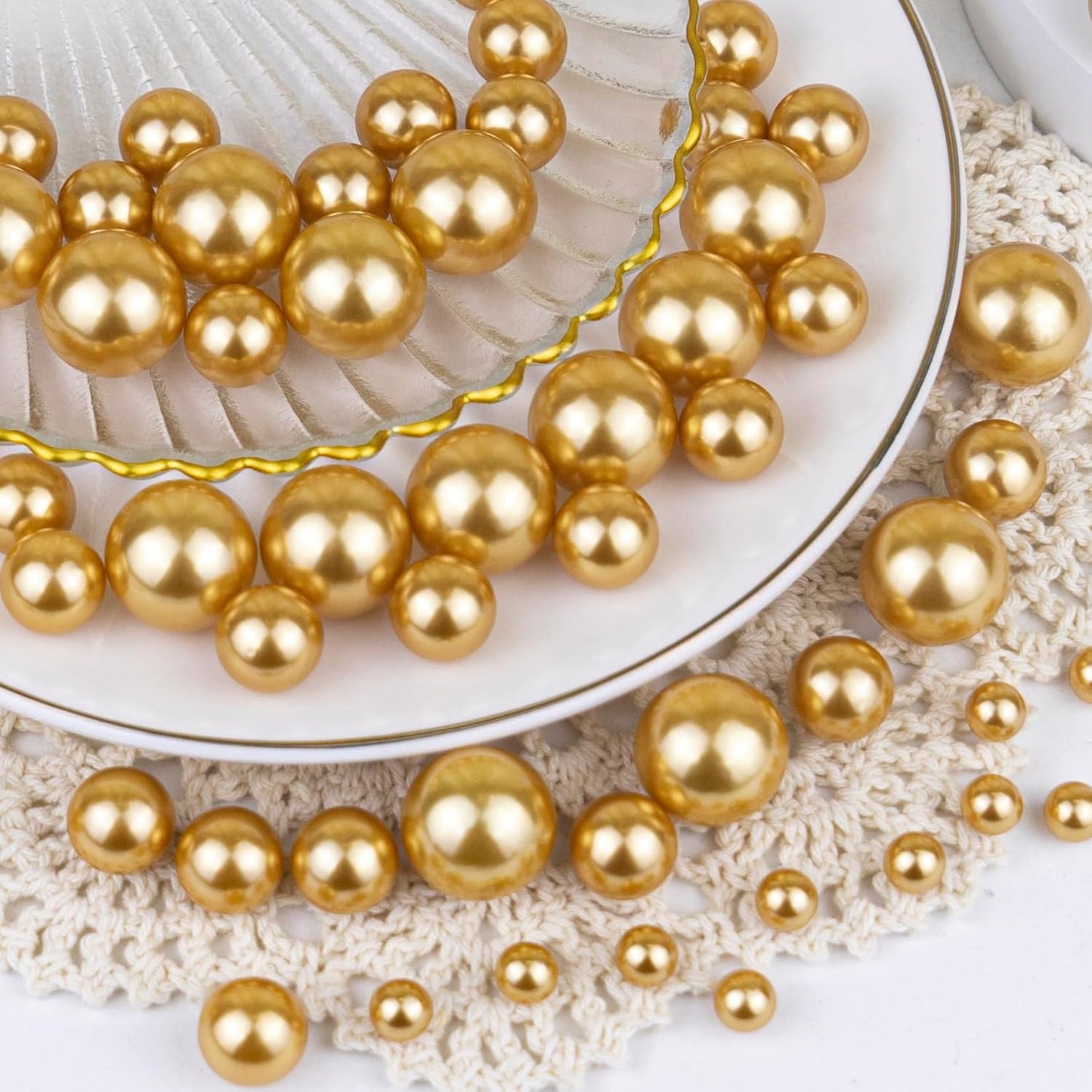 150Pcs Gold Polished No Hole Faux Pearl Beads for Vase Filling Decorations, Plastic Pearls Vase Fillers, Table Scatters, Wedding Centerpiece, Home Decor, 8/14/20 mm