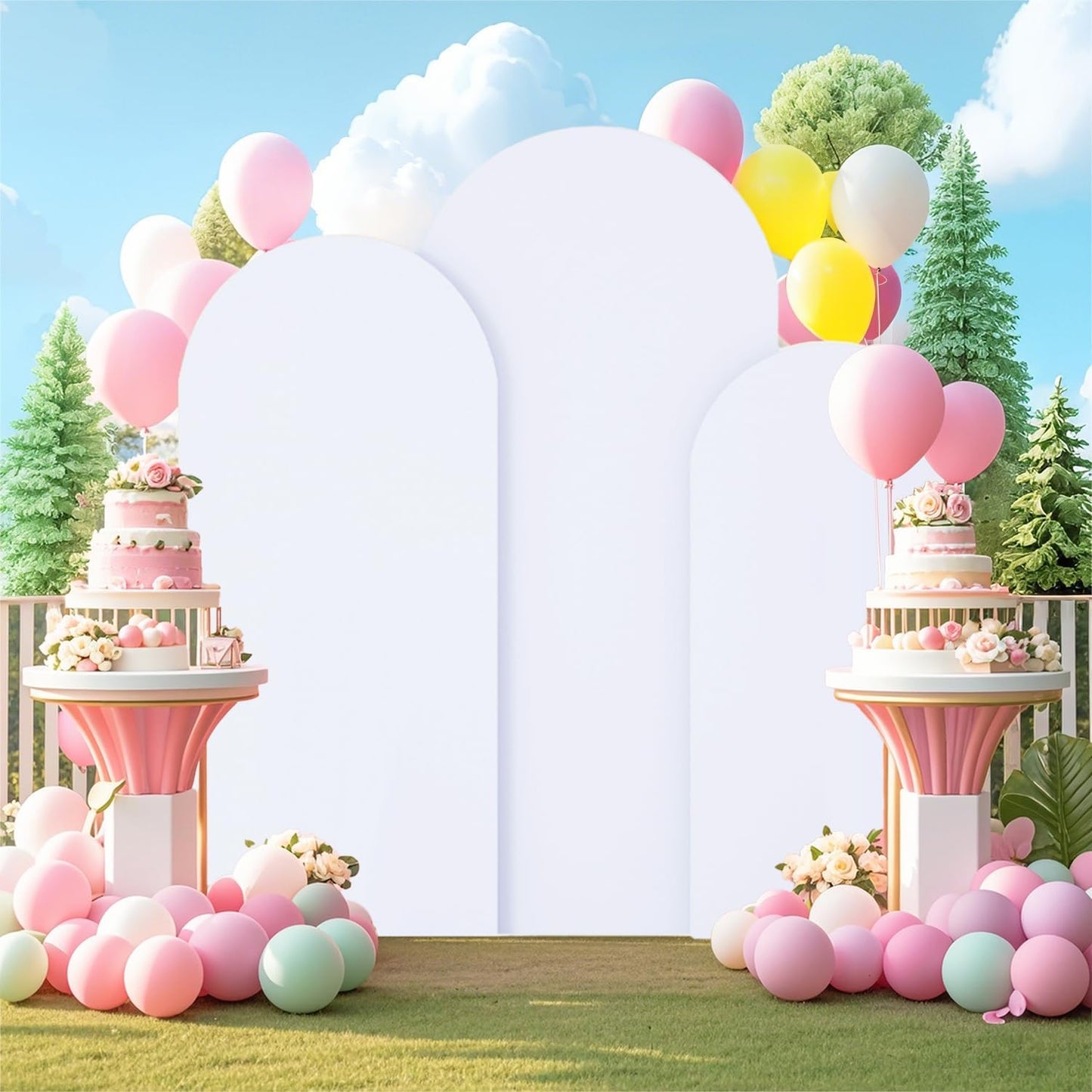 FOTSHARER Wedding Arch Backdrop Stand and White Spandex Arch Cover 6FT 5FT 4FT Set of 3 Metal Arched Frame Backdrop Stand for Parties Arch Stand Cover for Birthday Party Baby Shower Graduation Decor