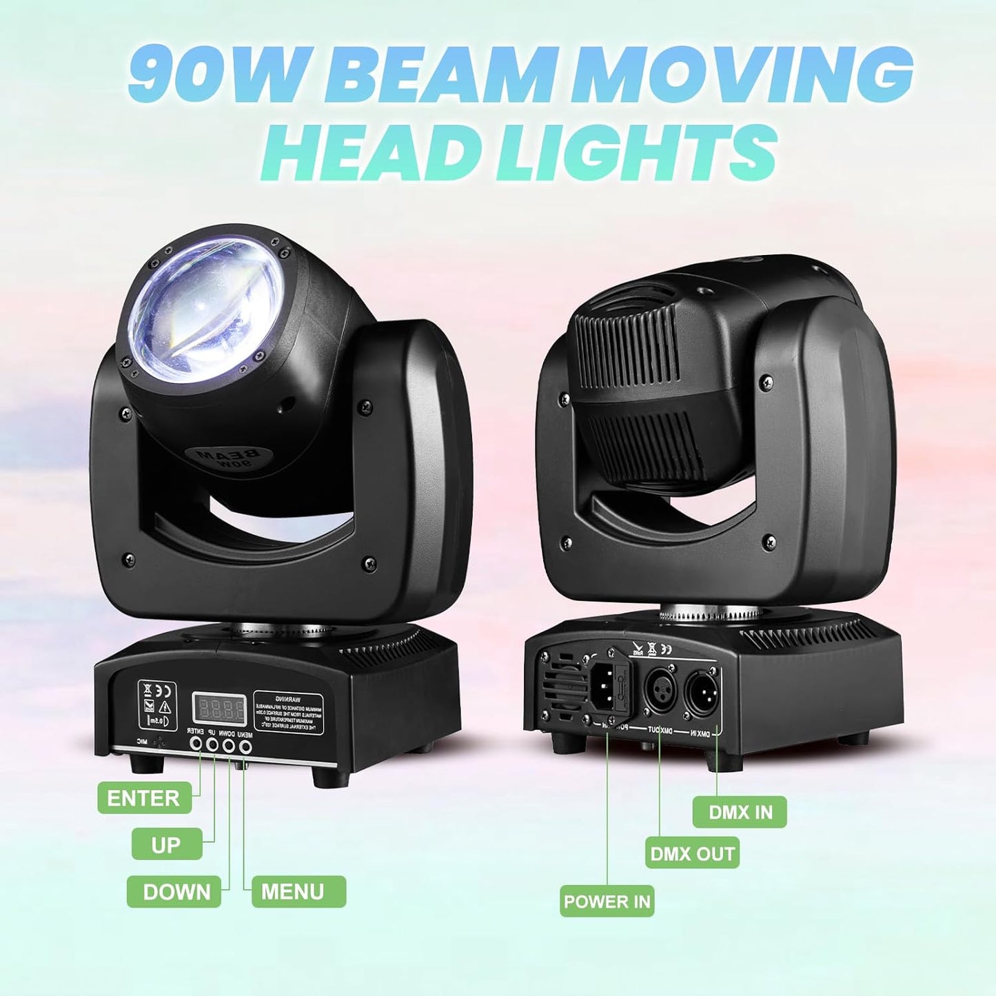 90W LED Moving Head DJ Lights Mini Beam Stage Lights Super Bright Spot RGBW 4IN1 DMX 512 12CH Sound-Activated for Wedding DJ Party Stage Lighting (90W, 2)
