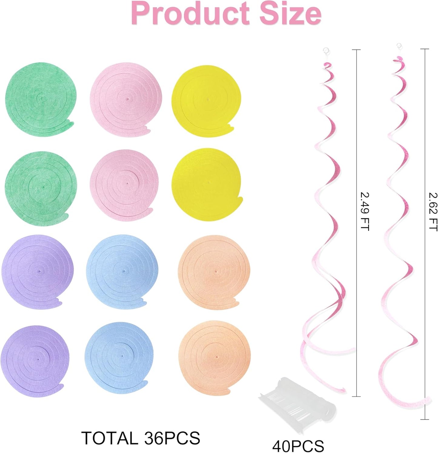 36 Pcs Pastel Hanging Swirl Decorations Pastel Color Felt Swirl Streamer Spiral Ceiling Decorations Garland for Macaron Colorful Birthday Wedding Baby Shower Easter Party Supplies