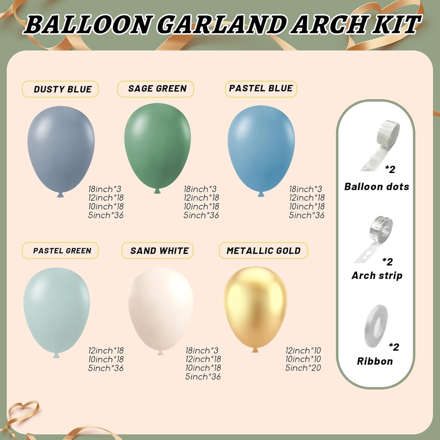 412Pcs Dusty Blue Green Balloon Garland Arch Kit,Haze Fog Blue Ash Mist Sage Green Sand White Gold Balloons Different Sizes Matte Latex Balloons for Baby Shower Birthday Wedding Party Decorations