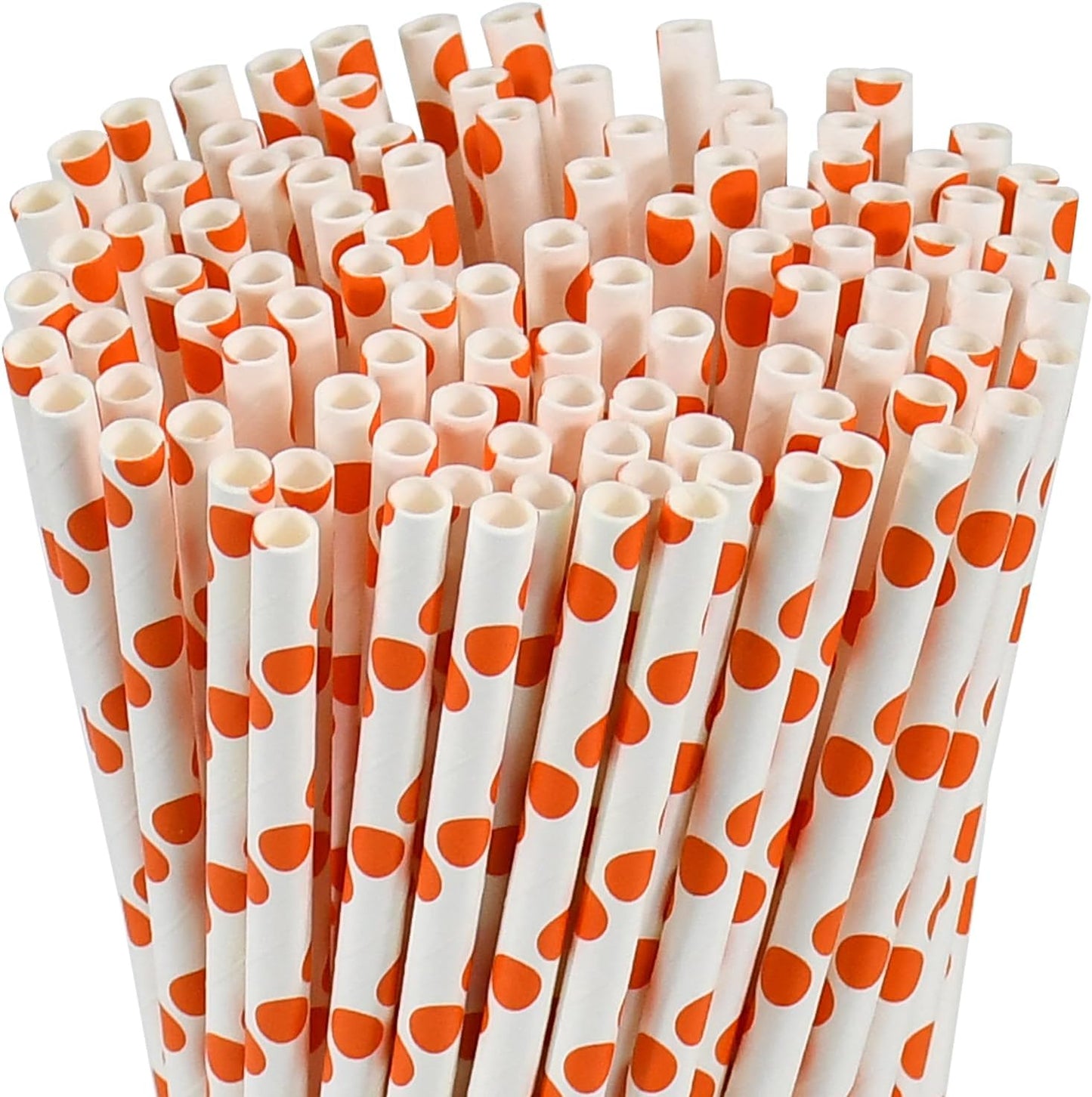 Orange Polka Dots Paper Drinking Straws 7.75 inch Disposable 100 Counts - for Drinks, Juice, Cocktail, Party, Bars, Restaurants