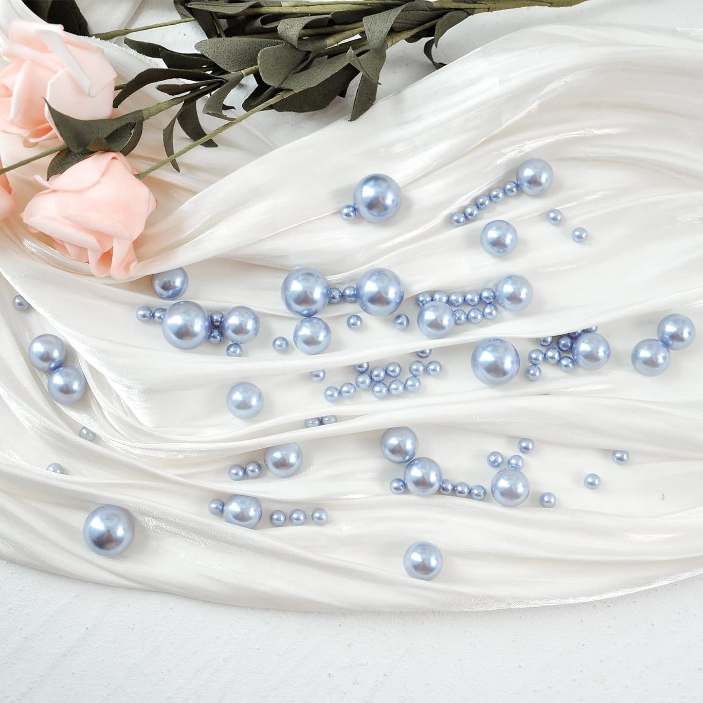 260Pcs Greyblue Glossy Beads for Centerpiece Decor, Artifical Pearls Vase Filler, Makeup Brush Beads, No Hole Round Pearl Beads for Wedding Birthday Christmas Party Home Decor(18mm 14mm 6mm)