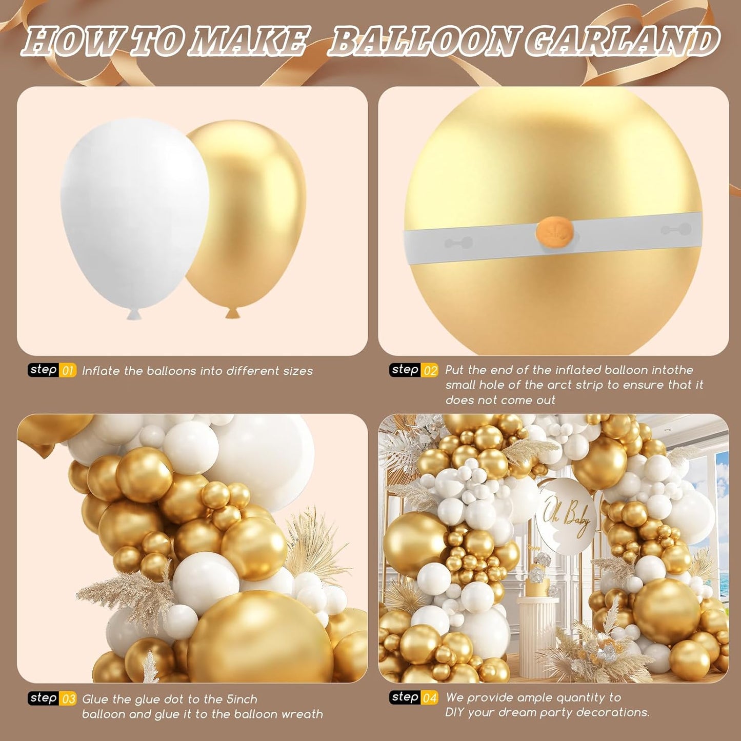 412Pcs White and Gold Balloon Arch Kit,18 12 10 5 Inch Gold balloons different sizes White Metallic Gold Latex Balloon Garland kit for Anniversary Birthday Engagements Party Decorations