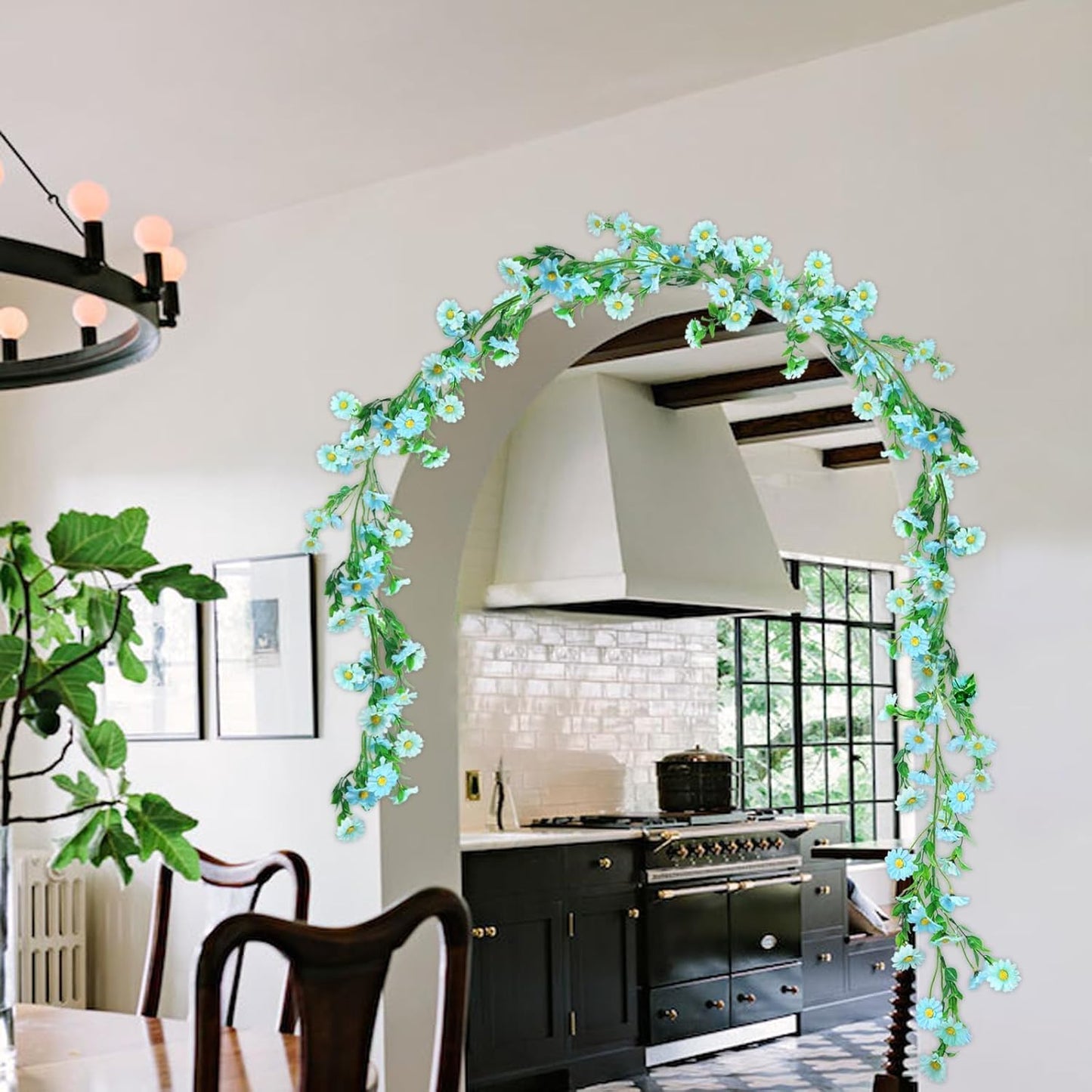 6.5Ft Artificial Blue Flower Garland Fake Daisy Floral Garland Hanging Flowers Silk Vines with Green Leaves for Backdrop Arch Wall Home Indoor Tiffany Blue Wedding Decor