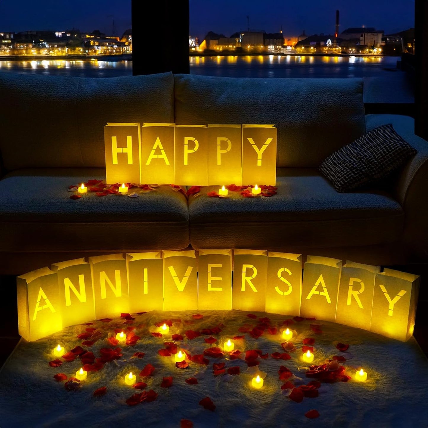 Homemory Happy Anniversary Decoration Light Up Letters with Flameless Candles and Fake Rose Petals, Valentine's Day Luminary Bags Happy Anniversary Sign Romantic Party Decor for Wedding