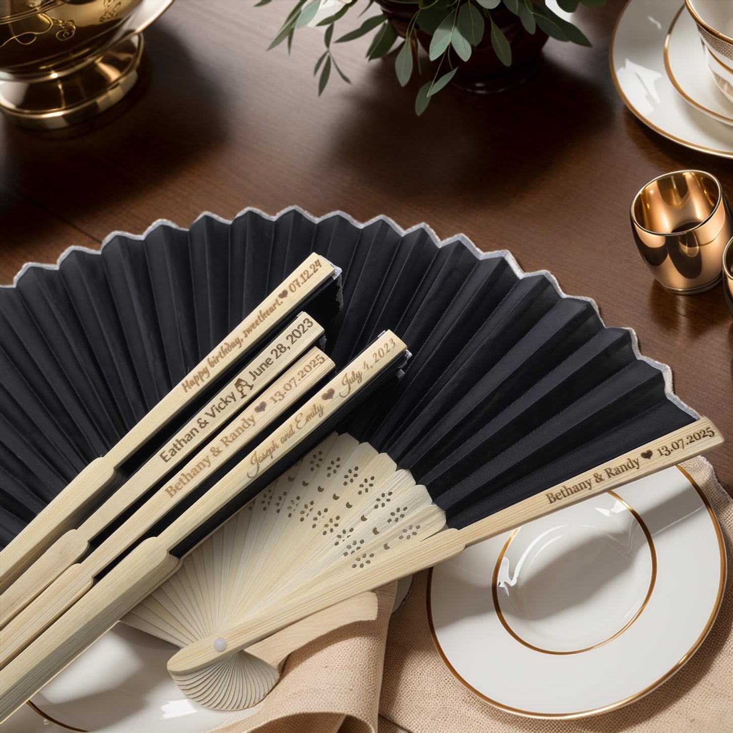 10Pcs Personalized Silk Fans Folding Hand Fan, Custom Wedding Bridal Party Favors, Summer Wedding Bride, Wedding Gift, Thank You Gift (Black)