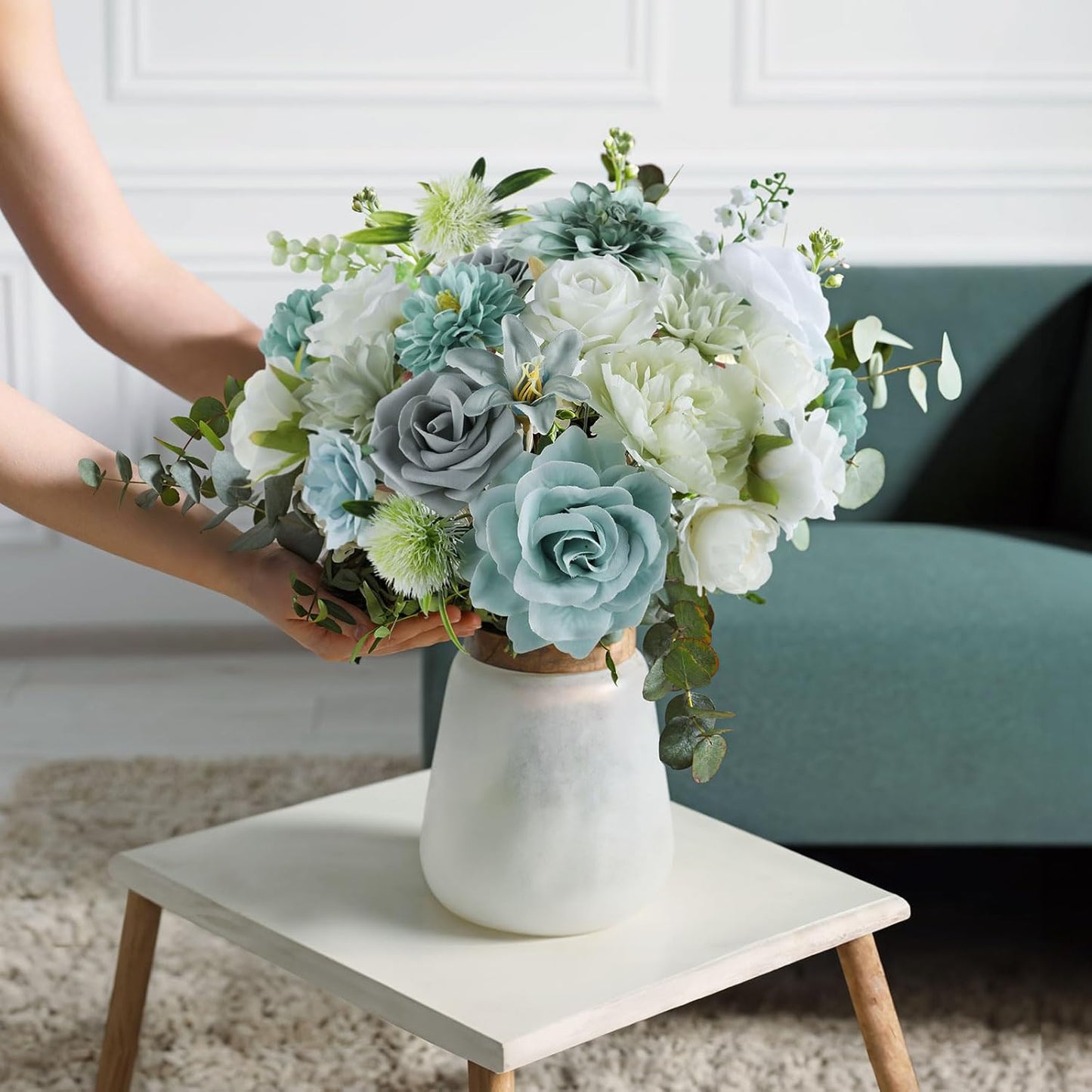 AmyHomie Teal Blue Artificial Flowers Combo Silk Mix Peony Rose Fake Flowers w/Stem for DIY Wedding Bouquets Centerpieces Arrangements Table Fall Decor Party Bridal Baby Shower Home Decorations