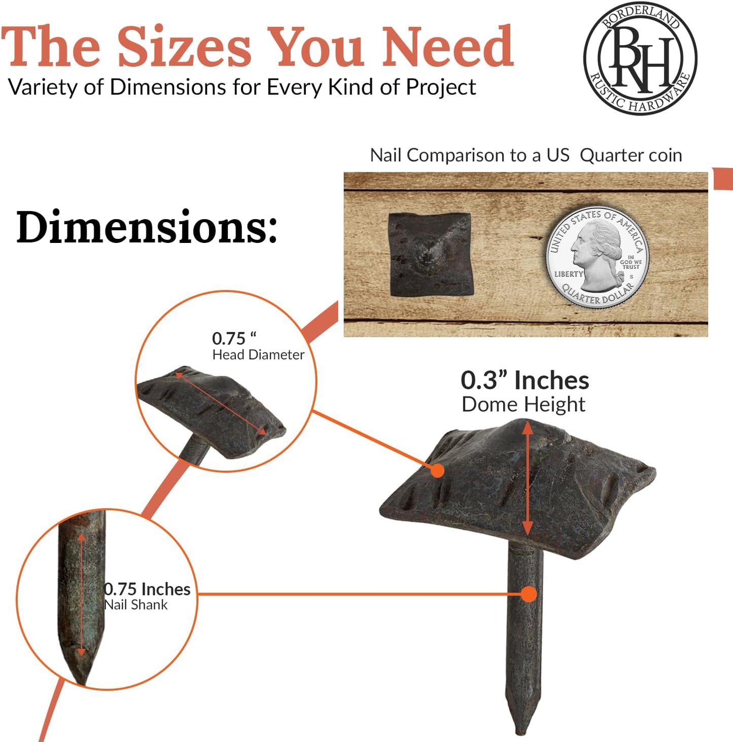 10 Pack 0.75" Square Head Iron Clavos Decorative Nails – Unfinished – Handmade Rustic Square Fasteners for Farmhouse Shutters, Faux Wood, Barn Doors, Shutters, and Gates – Ornamental Wood Accent