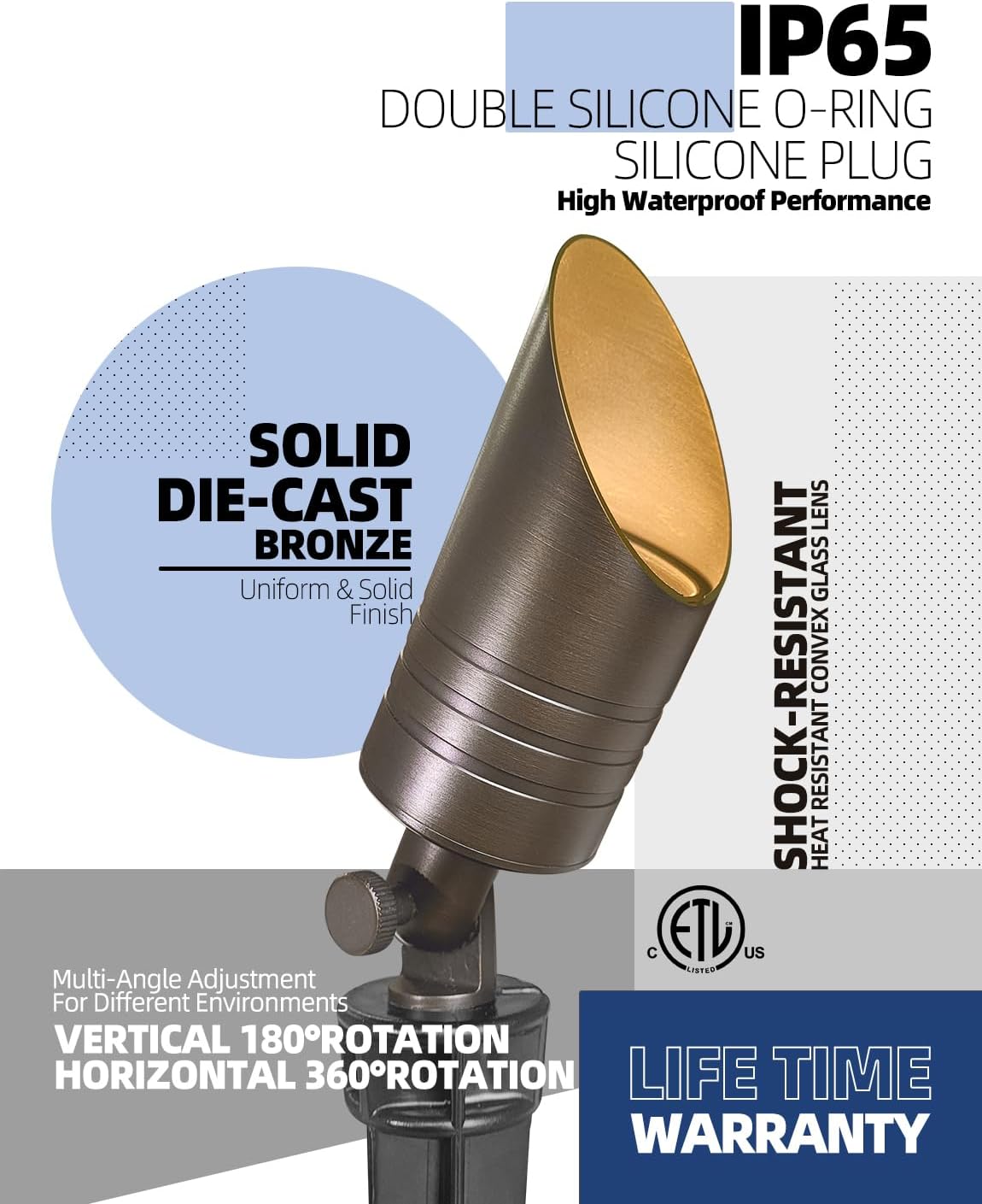 MALORY Brass Landscape Spotlight,12V AC/DC Low Voltage LED Landscape Lighting,Hard Wired Spot Up Light for Garden,Patio and Yard (S05-Bronze, 1-Pack with Bulb)