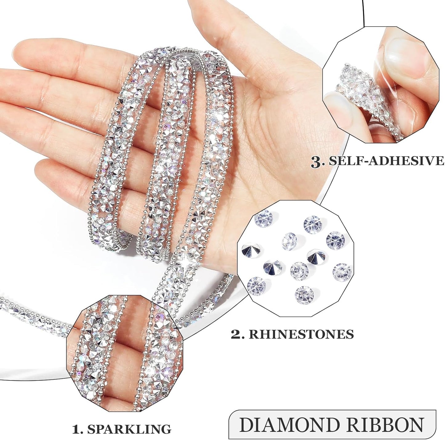 Rhinestone Ribbon 3 Yards Self Adhesive Rhinestone Strips Diamond Ribbon Sticker Crystal Roll Glitter Bling Rhinestones Tape for Crafting DIY Art Decoration (Silver AB,0.4 Inch)