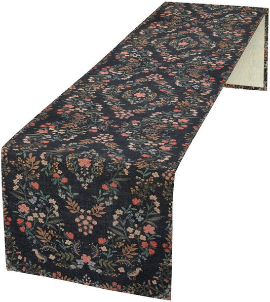 Morris Flower Table Runner, Vintage Blue Floral Rustic Country Style Floral Print Pattern for Home Kitchen Table Decor Dining Coffee Room Garden Party Decor 13x120in