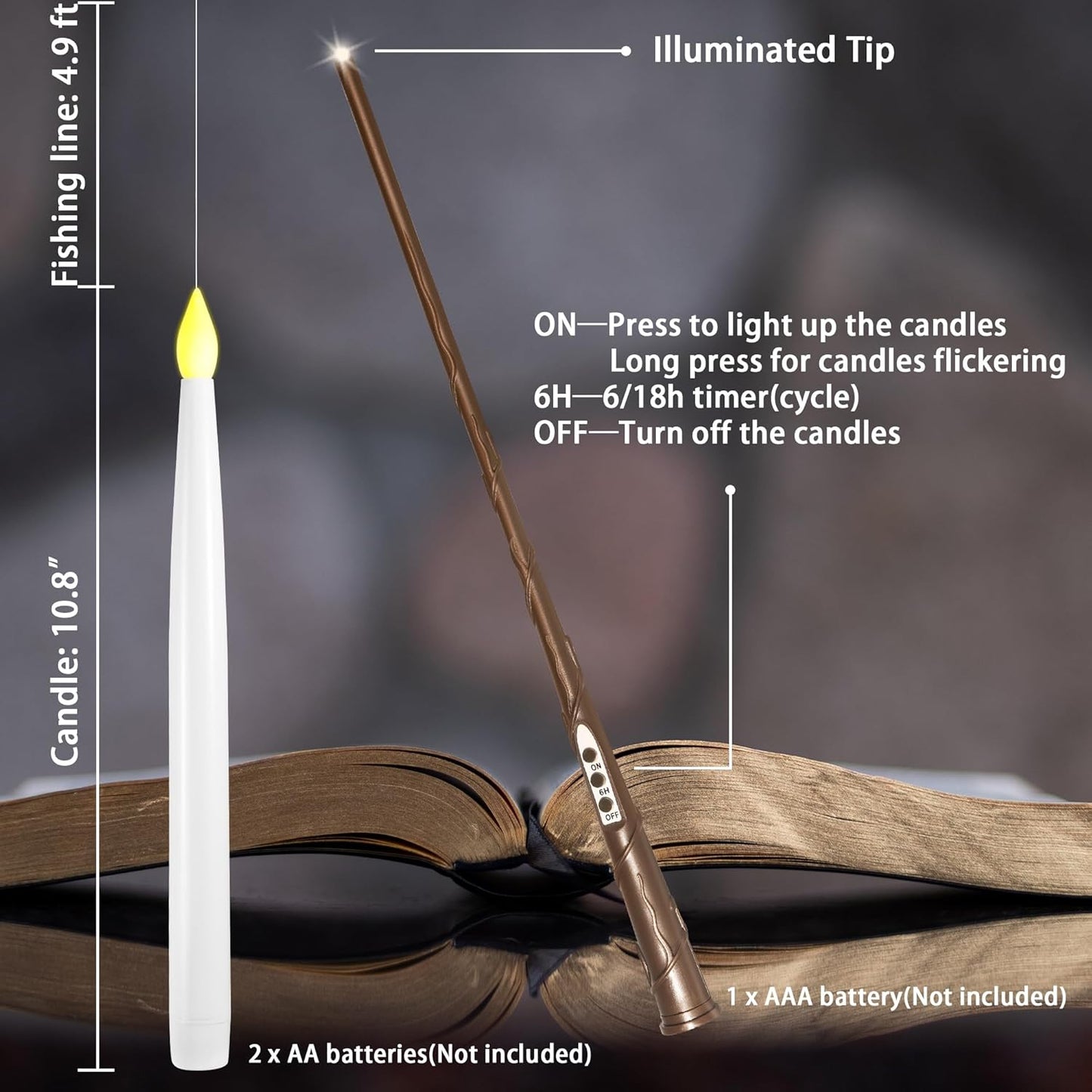 Floating Candles with Wand, 10 Pack Halloween Flameless Candles Battery Operated LED Taper Hanging Electric Candle for Christmas Halloween Birthday Party Decor 10.8in