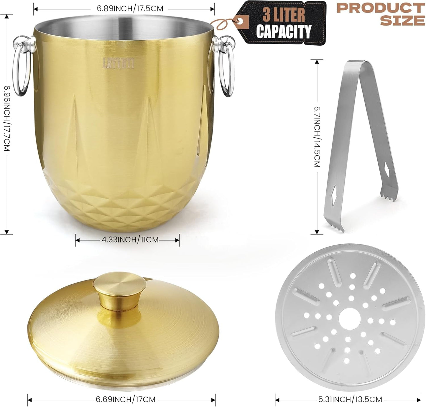 Ice Buckets for Parties with Lid,Tongs and Strainer (3L/Gold) Double Wall Stainless Steel Ice Bucket Keeps Frozen Longer,Ideal Perfect for Parties, Cocktail bar, Chilling Wine, Champagne