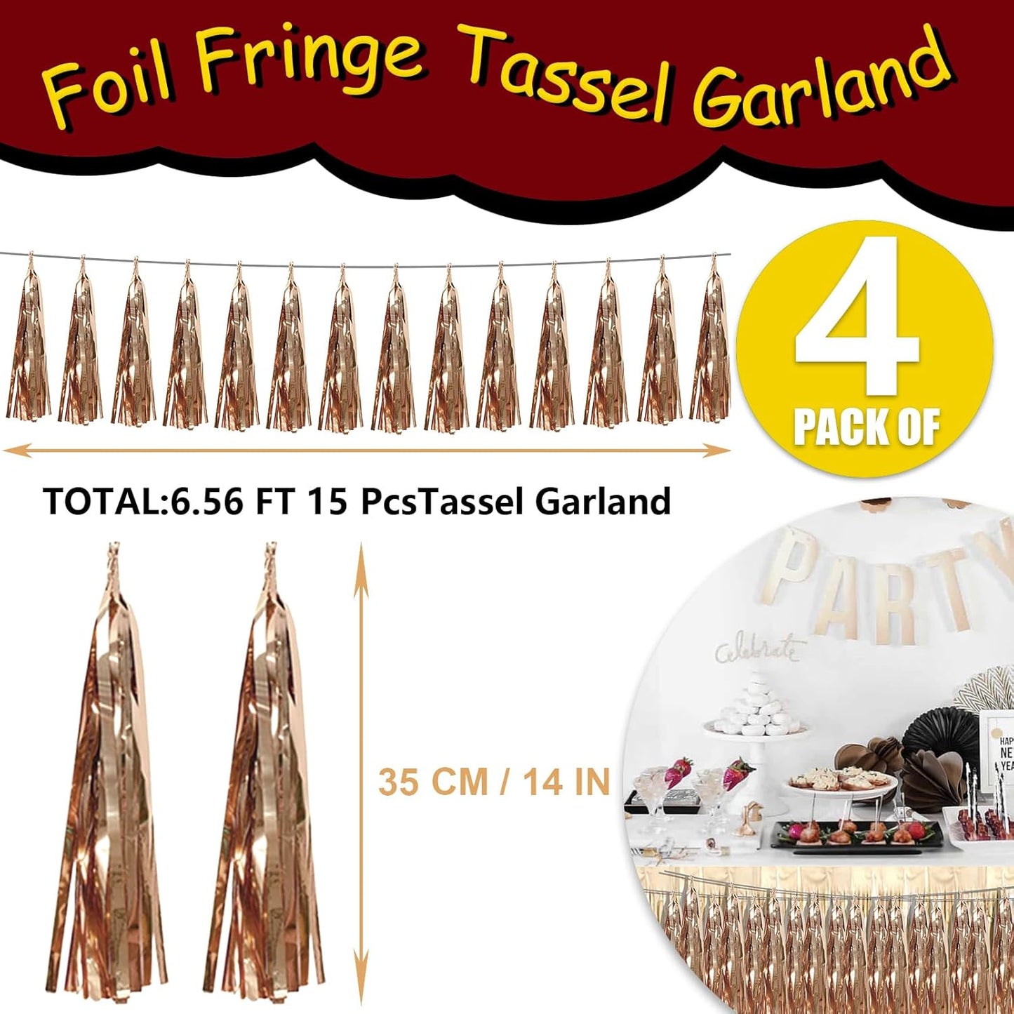 4P Champagne Gold Foil Fringe Tassel Banner Garland Metallic Tinsel Streamers Wall Hanging Curtain Backdrop Banner for Parade Floats, 2024 Graduation Decorations, Wedding Party Decoration