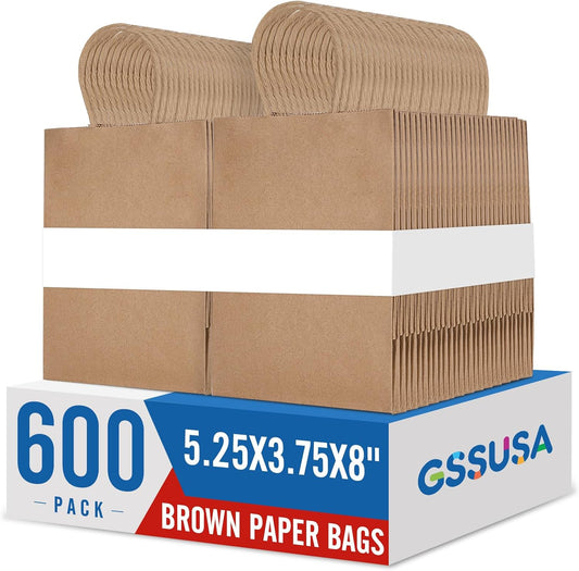 GSSUSA Brown Paper Bags 5.25x3.75x8 600Pcs, Gift Bags with Handles Bulk for Small Business
