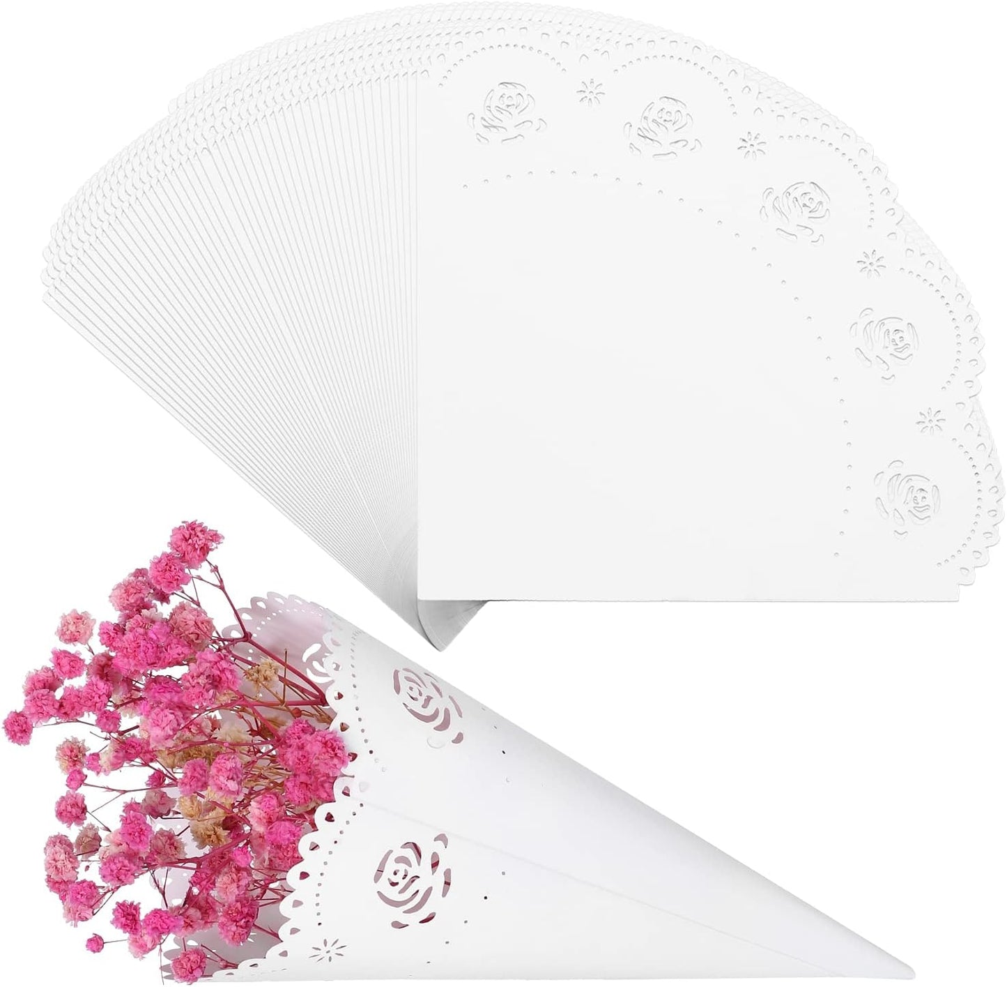 GWHOLE 100 Pcs Rose Confetti Petal Cone for Wedding Party, White