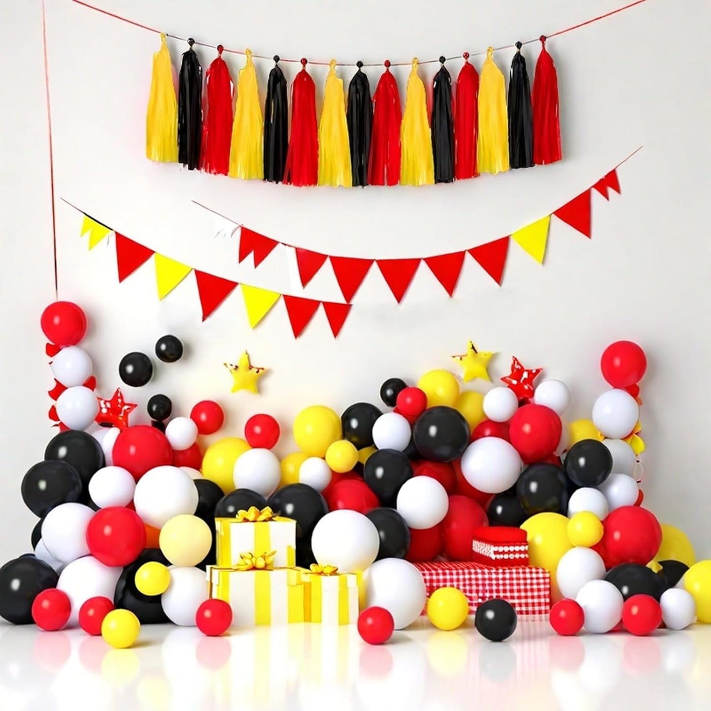 Red Yellow and Black Tassel Garland Banner Paper Tassels for Birthday Party Decorations,Pack of 15