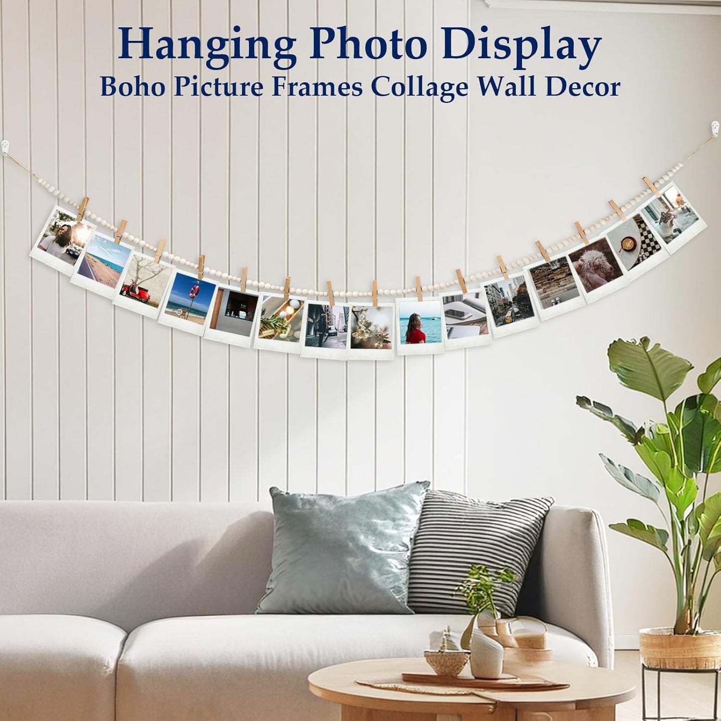 Hanging Photo Display Wall Decor with 15 Wood Clips, 67 Inches Boho Wooden Bead Garland Collage Picture Frame Photos String DIY, Photo Hanger for Bedroom Office Dorm Room Decor Gifts(1PCS)