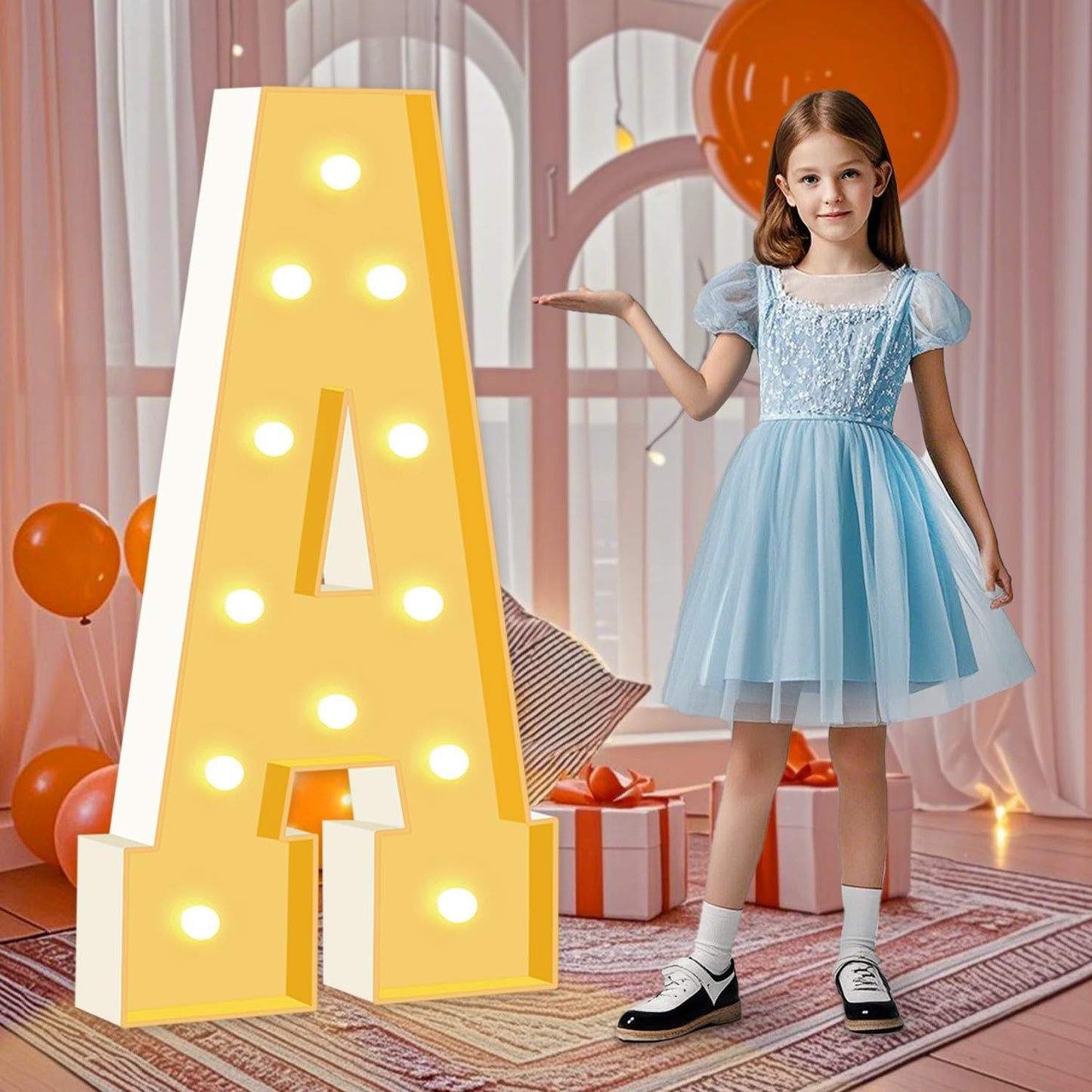 4FT Marquee Light Up Letters, LED Marquee Letters A for Birthday Balloons Backdrop, Large Light Up Letters for Baby Shower Anniversary Decorations Party Wedding Decor, Pre-Cut Foam Frame Kit