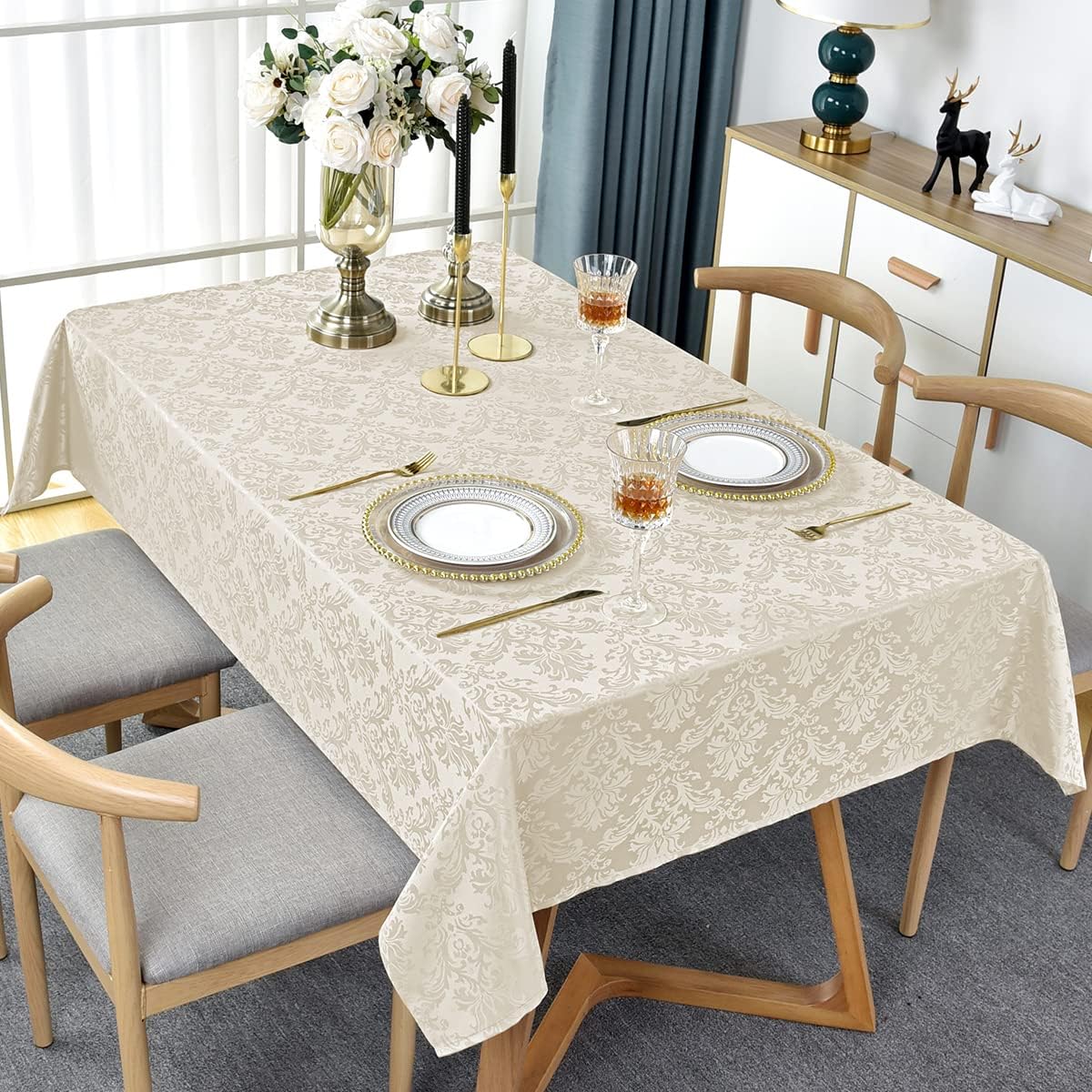 SASTYBALE Jacquard Tablecloth Rectangle 60 x 120 Inch Beige, Spill Proof Stain Resistant Damask Table Cloth, Washable Polyester Table Cover for Dining, Party, Indoor, Outdoor (Off White, Oblong)