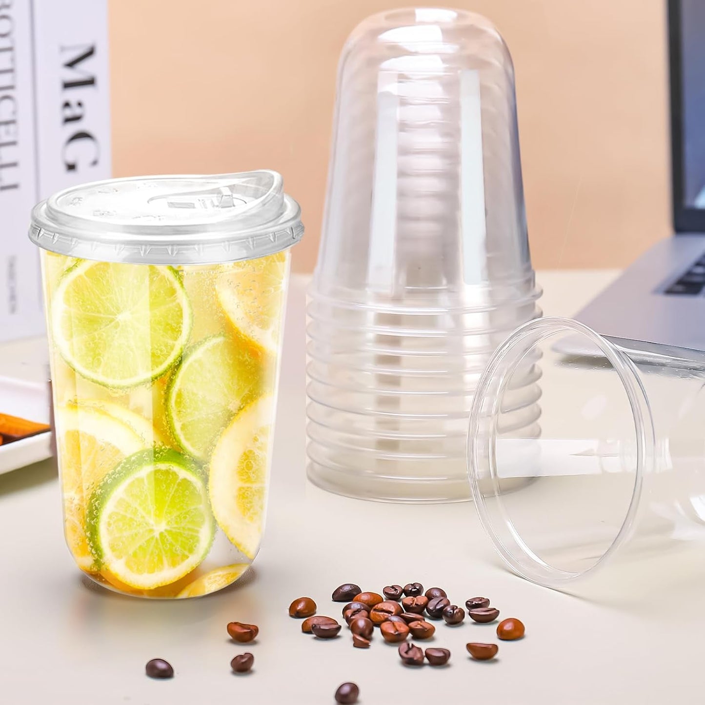 16oz Disposable Stemless Glasses With Strawless Sip Lids,PET Disposable Drinking Cups,Clear Plastic Wine Glasses for Parties Birthday,Wedding,Meeting,Christmas Party Supplies (50, Transparent)