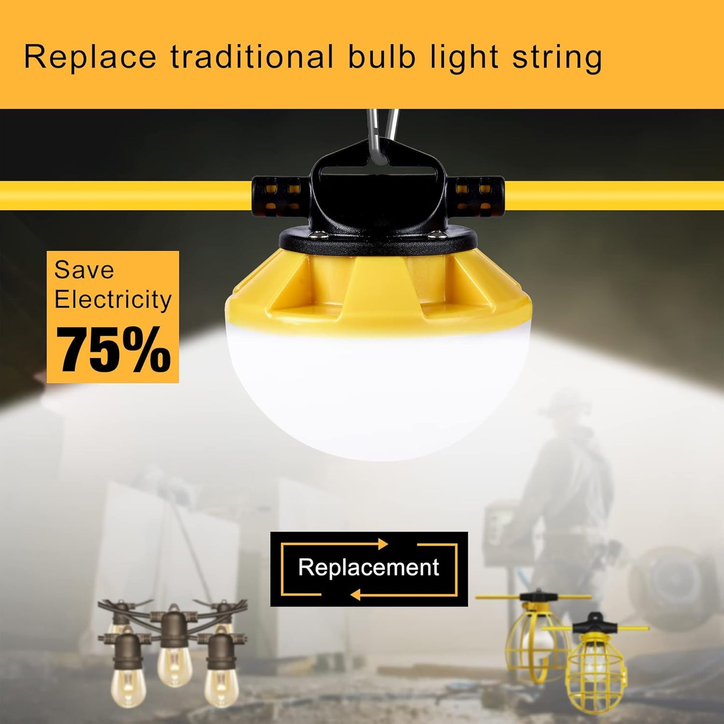 100FT Construction String Lights, IP65 Waterproof ETL Certified LED String Work Lights, 5000K Daylight 18AWG Wire Linkable Temporary Construction Lighting for Jobsite with 10 Bulbs & Hooks