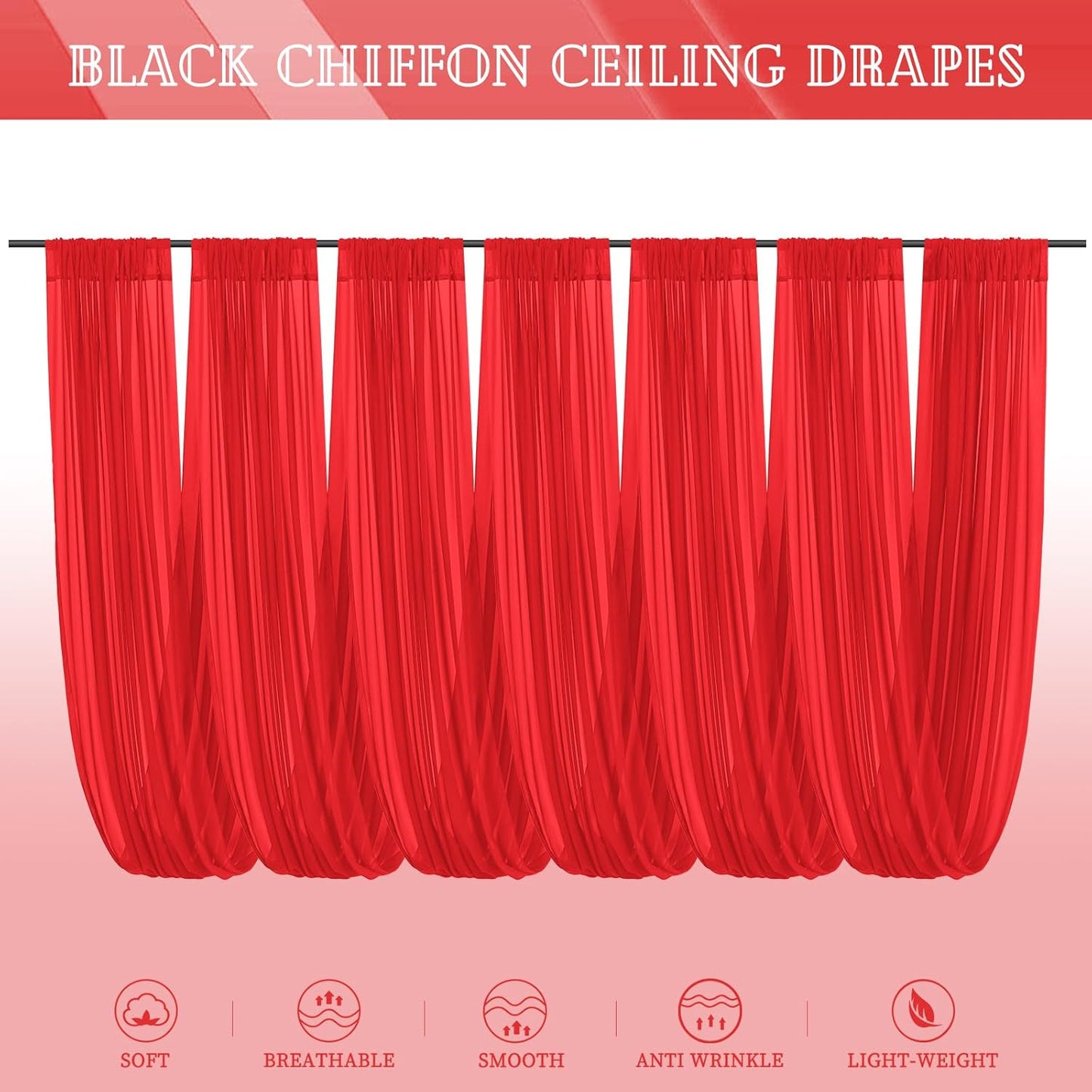 6 Panels Red Ceiling Drapes for Wedding 5ftx20ft Chiffon Fabric Arch Draping Curtains Sheer Drapery for Party Ceremony Birthday Baby Shower Reception Stage Swag Ceiling Decorations