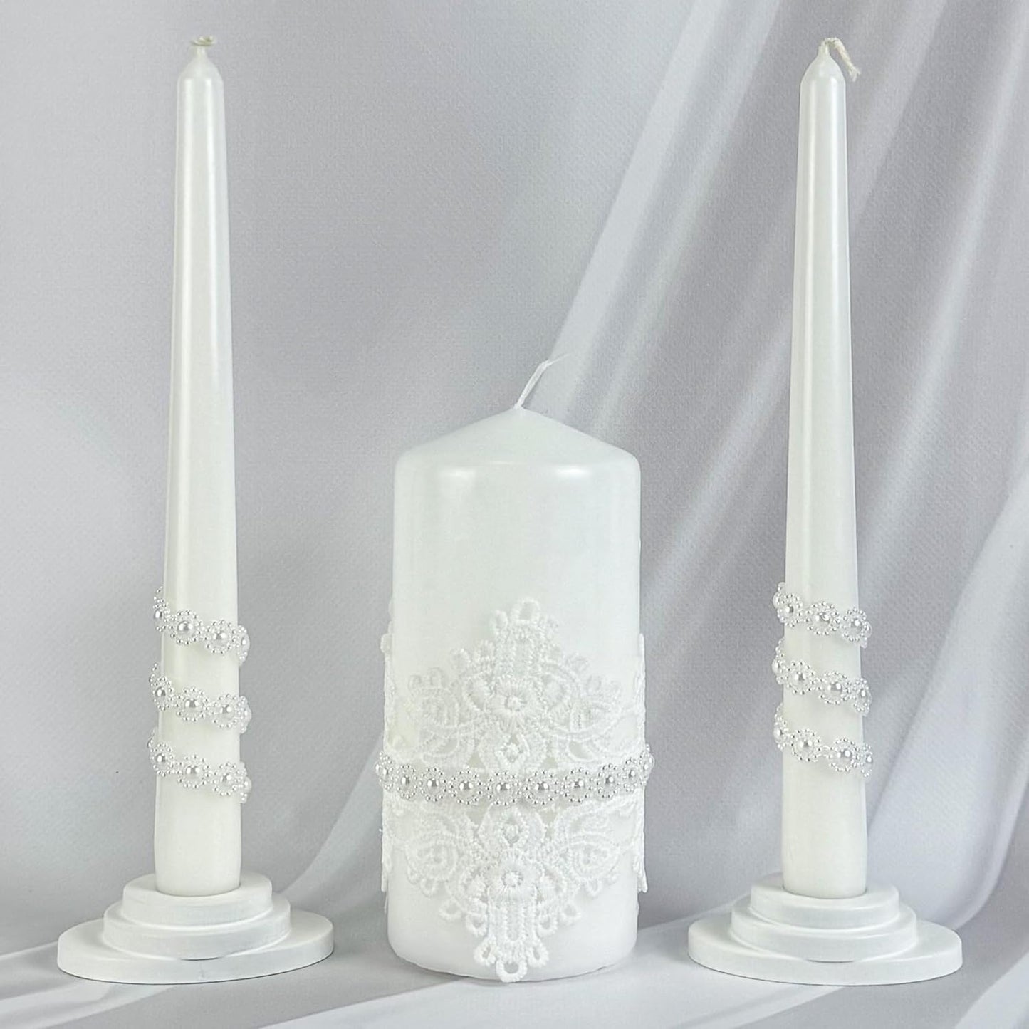 Unity Candle Set - Wedding Ceremony & Reception – 6” Pillar & Two 10” Taper Candles – Long Burning Unity Candles for Marriage Ritual – Handmade in USA – White | Lace