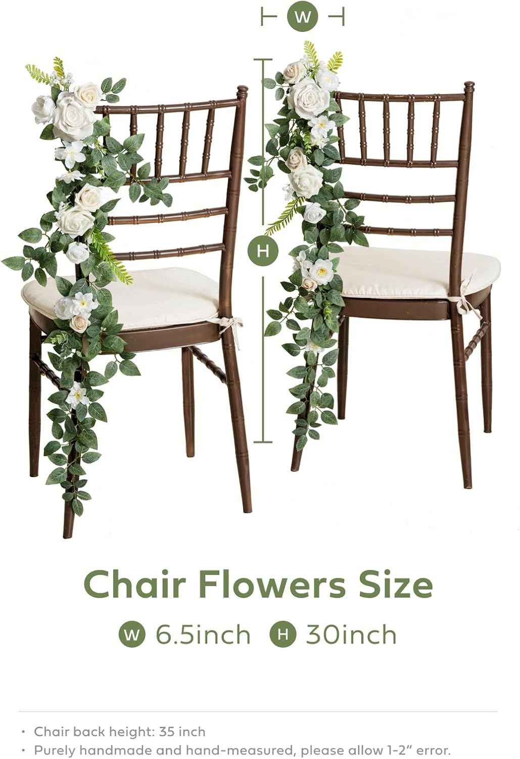 Ling's Moment 10pcs Wedding Chair Decorations Aisle Floral Swag Artificial Pew Flowers Hanging Garland White & Sage Green For Ceremony Reception Church Rose Floral Faux Arrangement Party Outdoor Decor