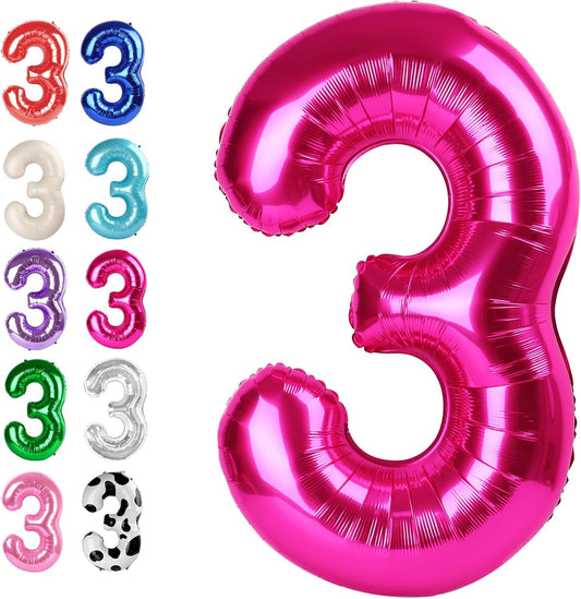 40 Inch Hot Pink 3 Large Number Balloon, 3 13 23 30 33 36 38 Hot Pink Birthday Party Decorations, Number Three Foil Balloons for Anniversary Party Graduations Celebration Supplies