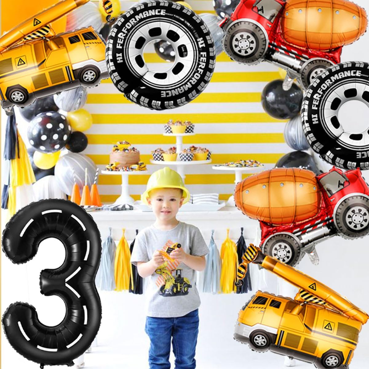 3rd Birthday Decorations for Boys Construction Balloons 40inch Number 3 Balloons Truck Foil Balloon for Construction Birthday Party Decorations Supplies