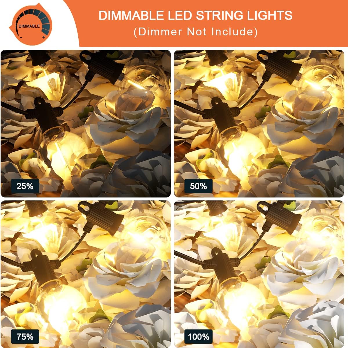 Kawaya Outdoor String Lights 25 FT LED Patio Light with 12+1 Shatterproof Edison Globe Bulbs - IP65 Waterproof Dimmable Hanging Lights - 2700K Warm White Lighting for Outside Yard Porch Deck Bistro