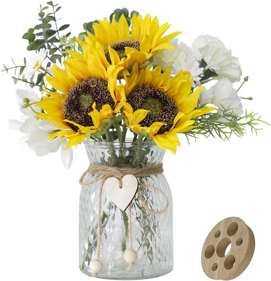 Artificial Sunflower Bouquets in Vase with a Flower Arrangement Holder - Centerpieces for Dining Room & Coffee Table Decor