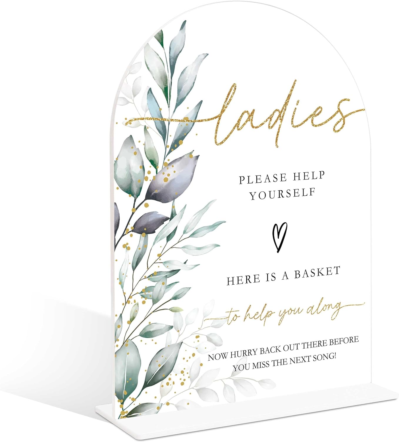 Acrylic Wedding Signs, Greenery Theme Ladies Please Help Yourself Sign, Bridal Shower Table Decor with Stand, Wedding Bathroom Basket Supplies for Engagement, Anniversary, Newlywed Event and Party, 07