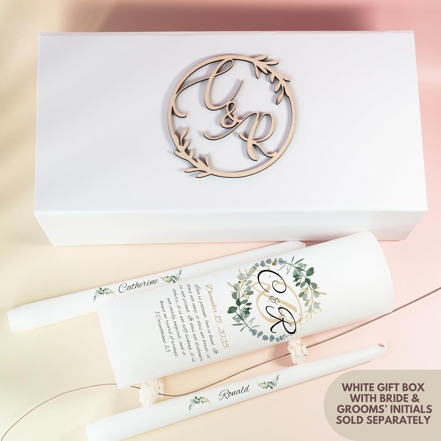 Unity Candles for Wedding, Modern Unity Set, Custom and Personalized Pillar and Taper Candles with Bible Quote, Unscented White Premium Wax, Religious and Wedding Ceremony, Special Events (Zinnia)