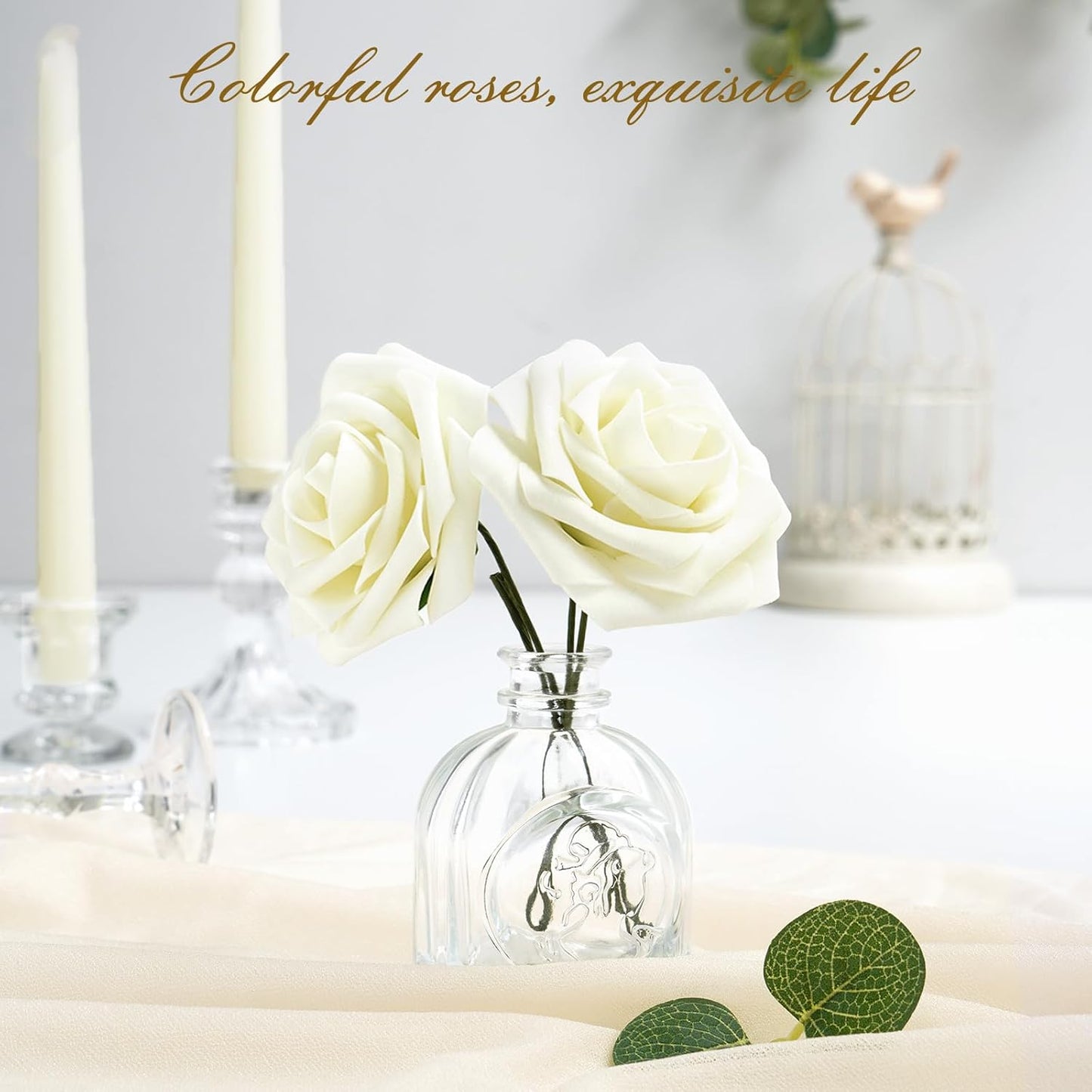 BLEUM CADE 36Pcs Artificial Flowers Fake Roses with Stems, Ivory White Boxed Foam Roses for DIY Bouquets Centerpieces Wedding Party Arrangement Bridal Shower Decor