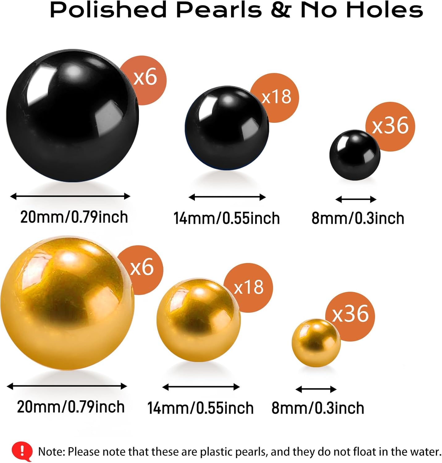 120 PCS 8/14/20mm No Hole Polish Pearl Beads for Centerpiece, Black Gold Beads Decorative Vase Fillers, Plastics Pearls for Vases, Table Scatters, Wedding Party Decor