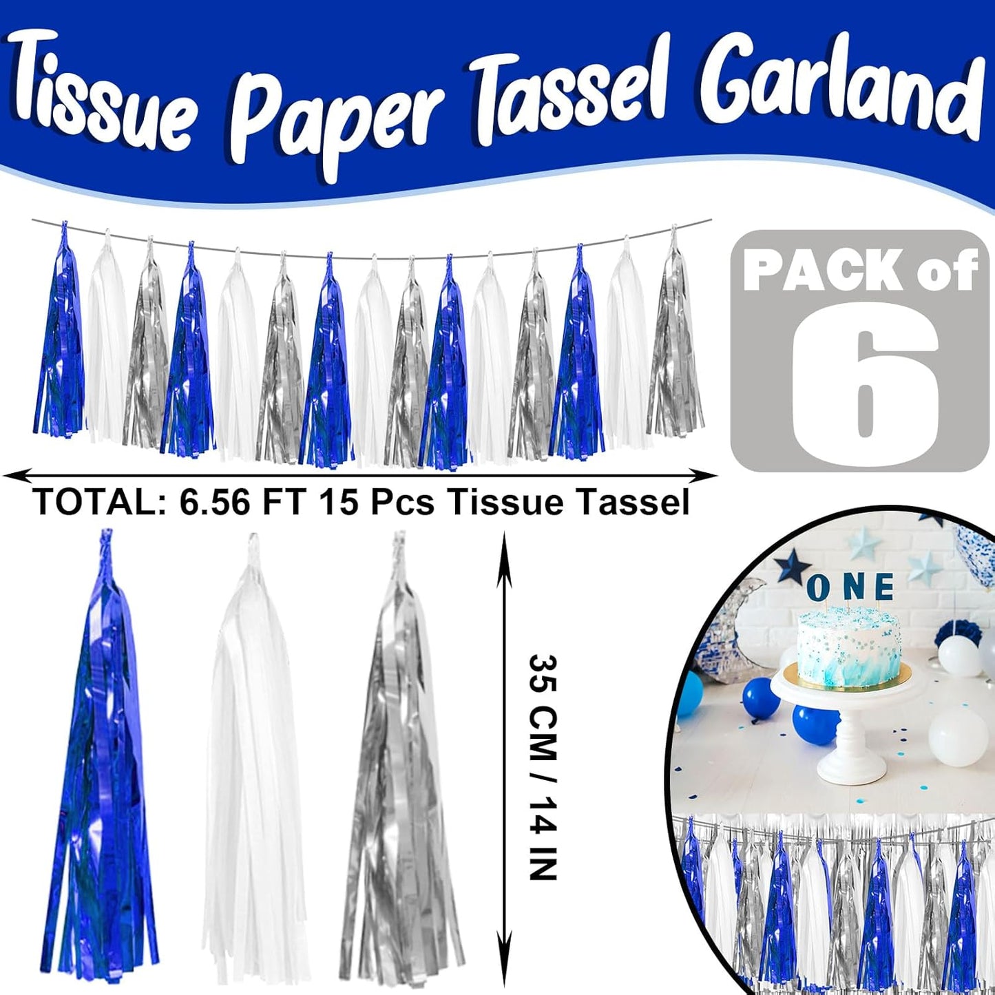 6P Navy-Blue White-Silver Tassel Garland Banner, Tassels Banner Streamers for Parade Floats, Bachelorette, Wedding, Birthday, Graduation, Christmas, Bridal/Baby Shower Party Decorations