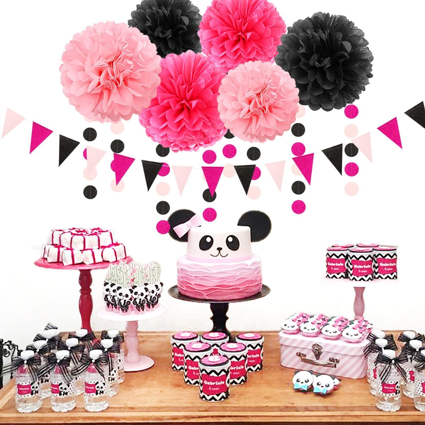 Hot-Pink Black Party-Decorations Paper Flower Streamers - 23pcs Baby Girl Women Birthday Tissue Pom Poms,Bachelorette Shower Tassel Garland Banner,Graduation Hanging Supplies Decor Ouruola