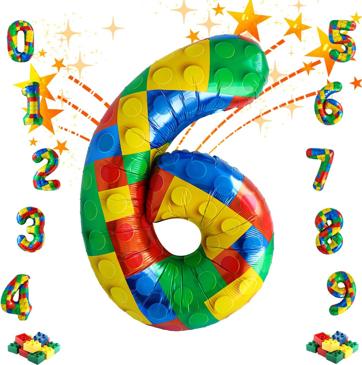 32 Inch Stackable Block Number Balloon – Colorful Brick Building Themed Big Helium Digits for Kids Birthday Party Decorations (Building Block, Number 6)