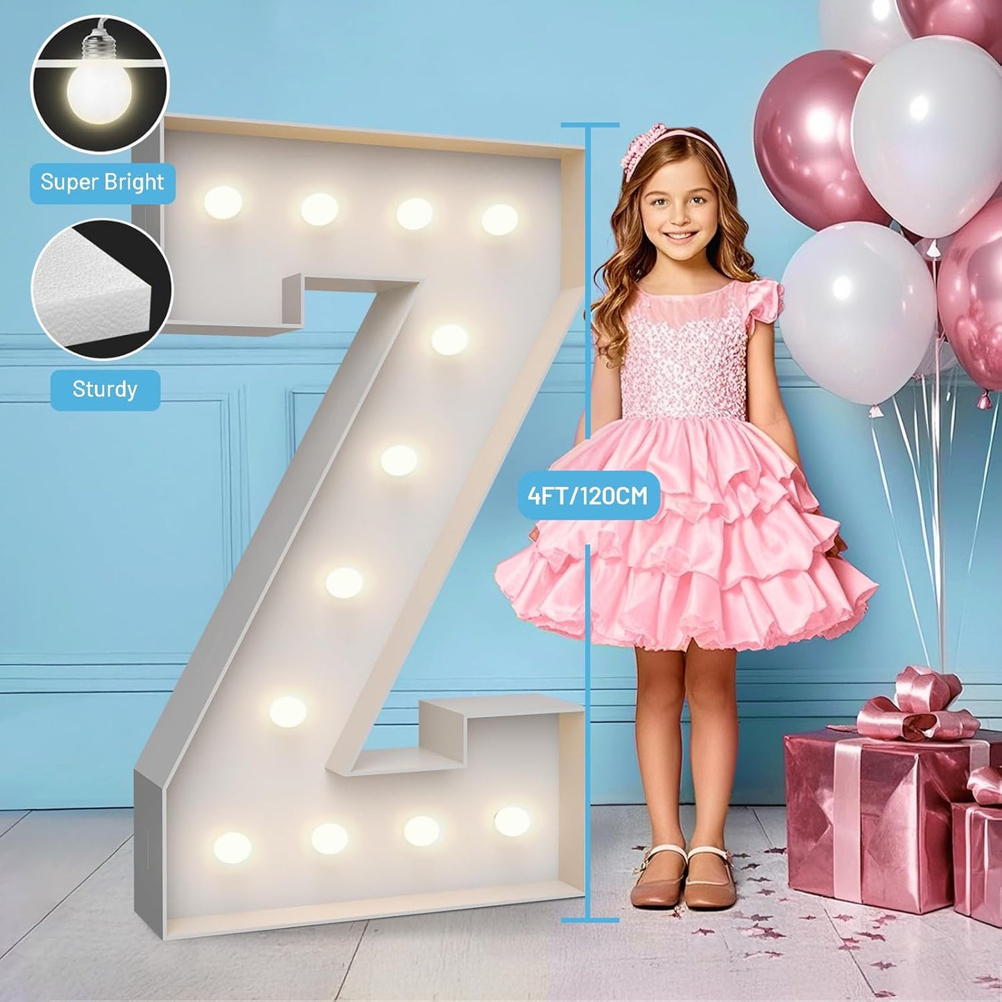 4FT Marquee Light Up Letters Z,Party Decoration Large Marquee Light Up Letters with Weighted Water Bag,Pre-cut Foam Board Set Can Be Used for Birthdays,Weddings,Baby Anniversaries