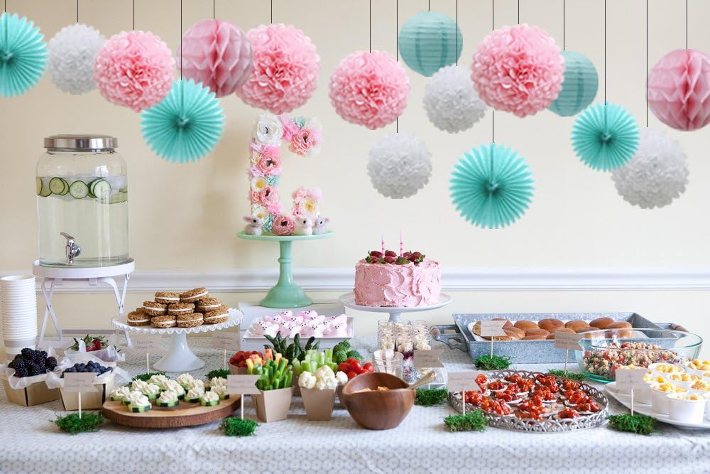 Teal Party Supplies for Bridal Baby Shower First Birthday Party Wedding Decorations (16pcs) Paper Honeycomb Ball Pom Poms Flowers Paper Lanterns Hanging Tissue Fan