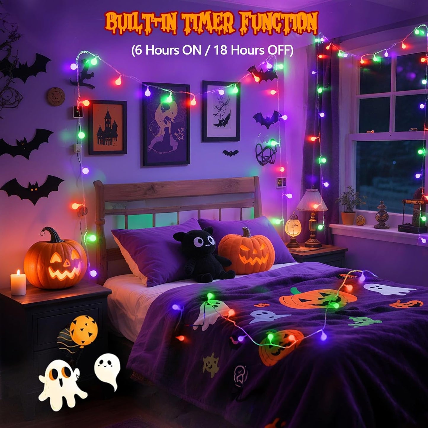 Connectable Orange Purple and Green Halloween Lights Outdoor Indoor - 43FT 100LED Globe String Lights Plug in with Timer, 13 Modes Fairy Light Waterproof for Party Halloween Decorations Bedroom Decor