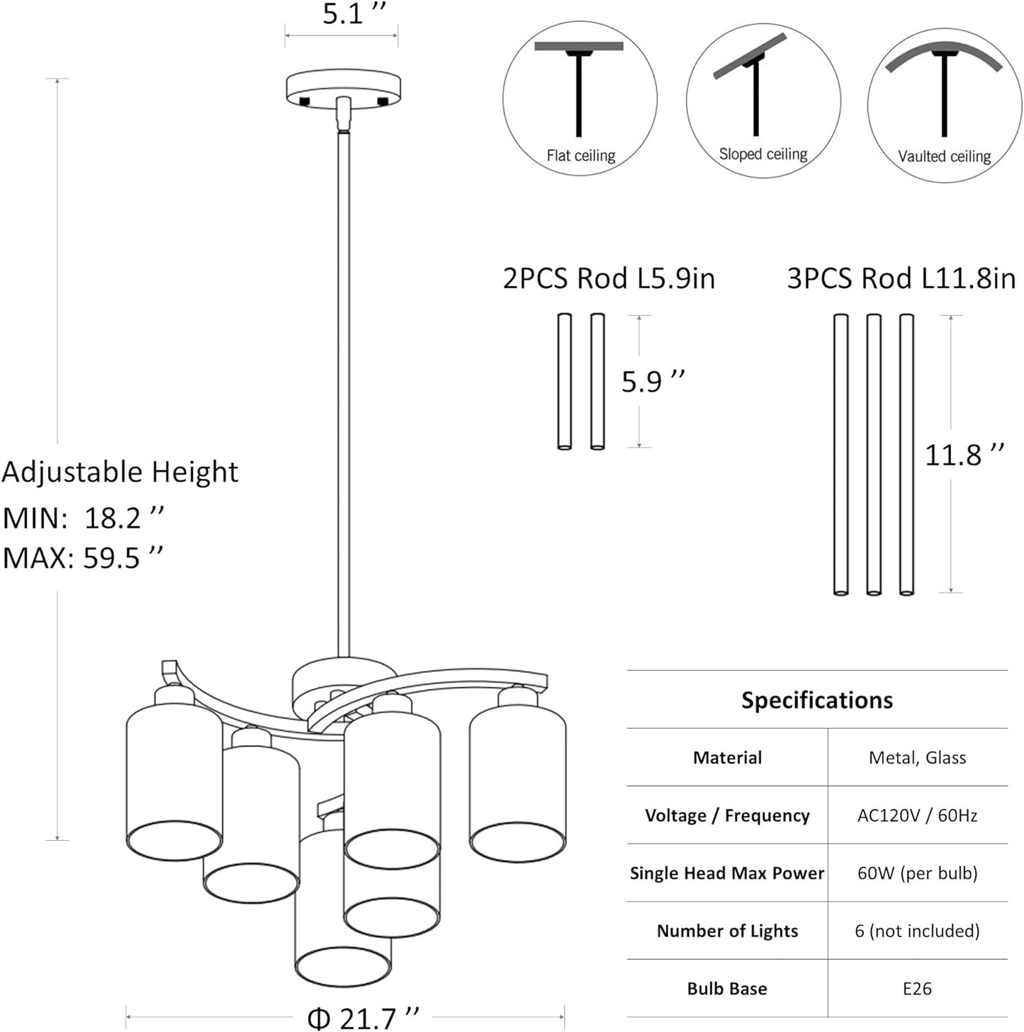 6-Light Brushed Nickel Chandeliers for Dining Room Light Fixtures Over Table, Adjustable Height Hanging Industrial Pendant Lighting for Kitchen Island Bedroom, Clear Glass Shade